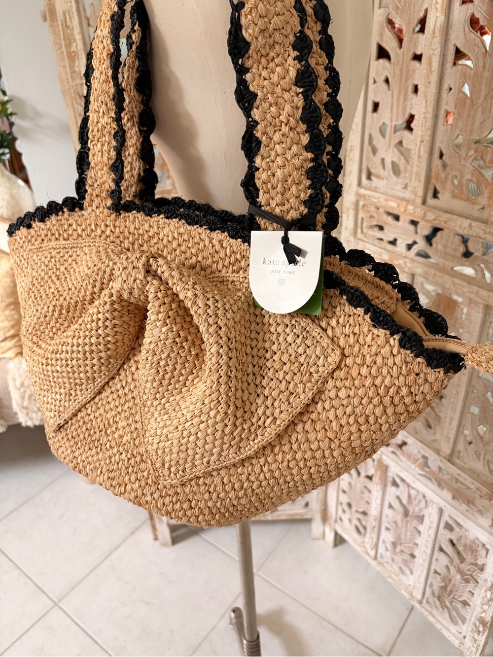 kate spade Natural Straw Shoulder Tote with Black Trim - Picture 3 of 5